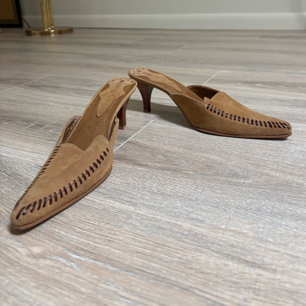 Suede Tan Heeled Mules